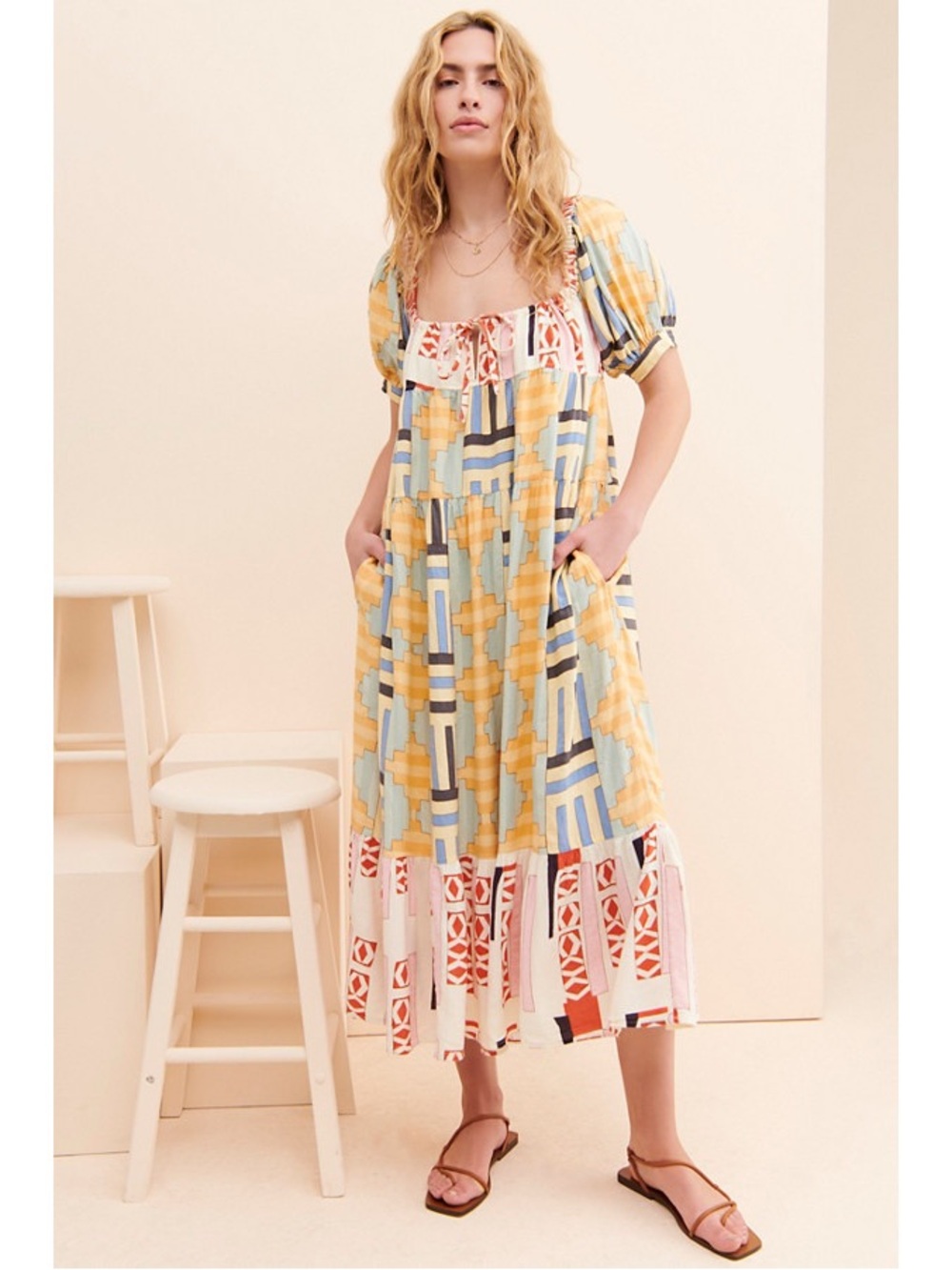 Kimchi Blue O’Hara Peasant Midi Dress Patchwork Cottagecore Print Size Small